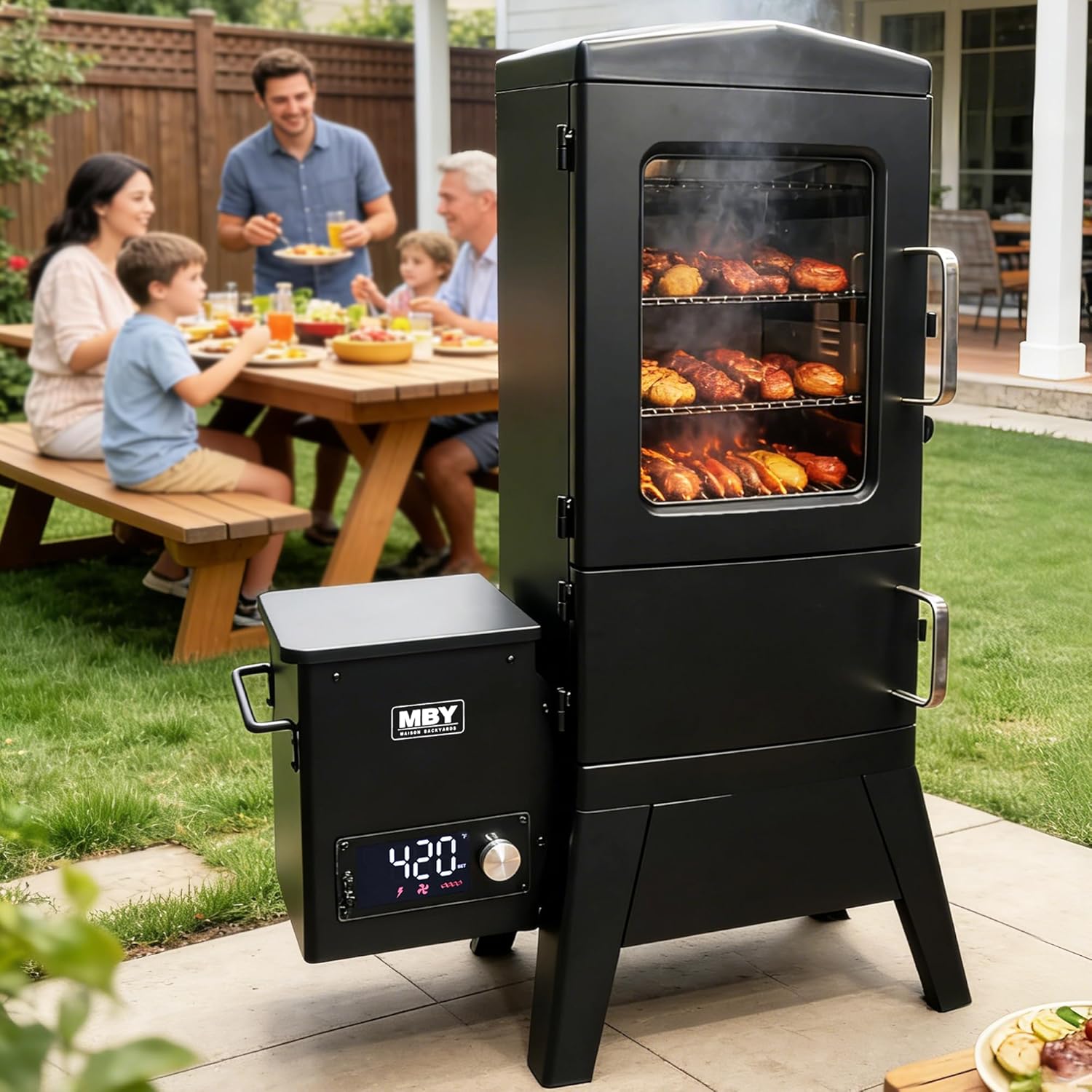 Pellet Smoker with Cover, Electric Wood Pellet Smoker Grill With Meat Probe and Hook, 616 Sq in Cooking Area LED Display Temperature Control