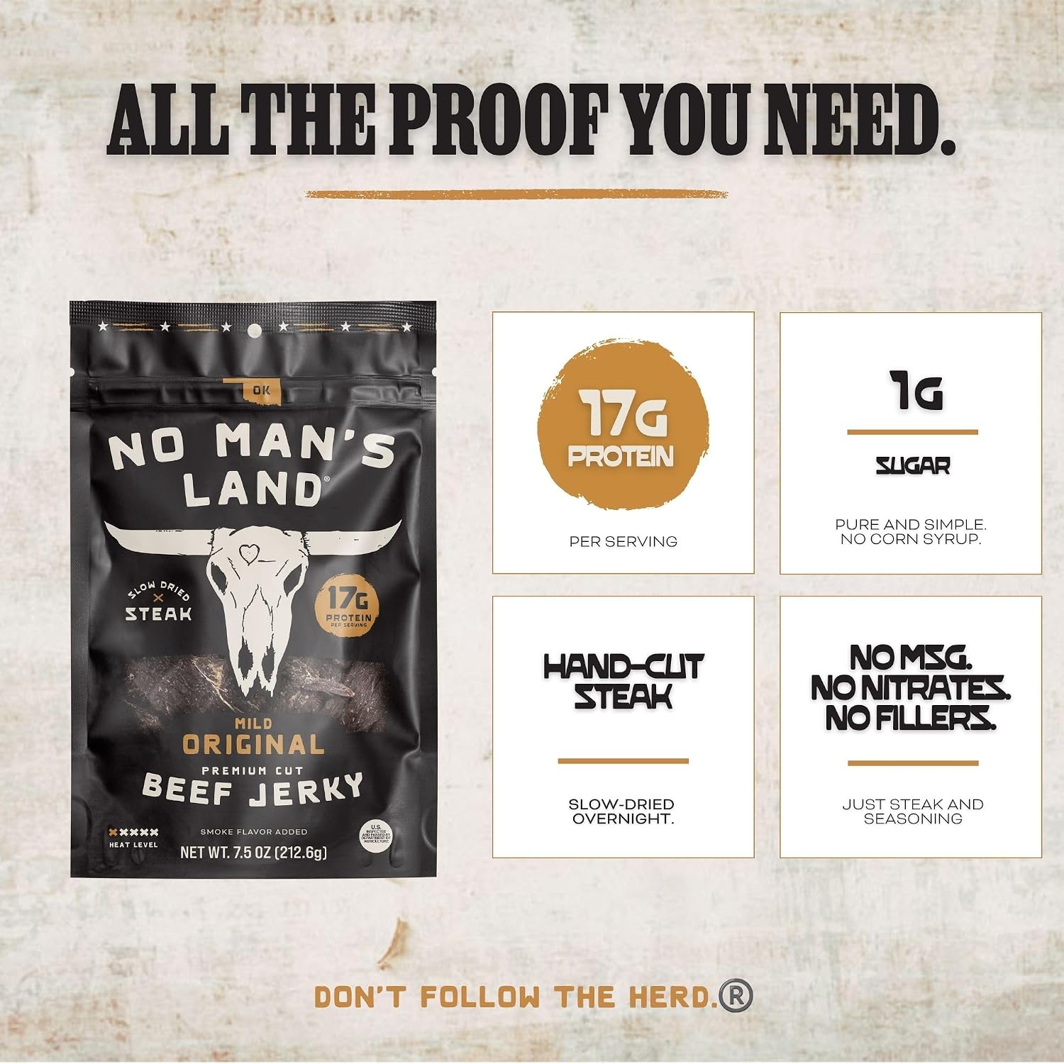 No Mans Land Slow-Dried Beef Jerky | Smoked & Seasoned Jerky Strips | High Protein, Low Carb Beef Snack | Gluten Free - MILD (16oz)