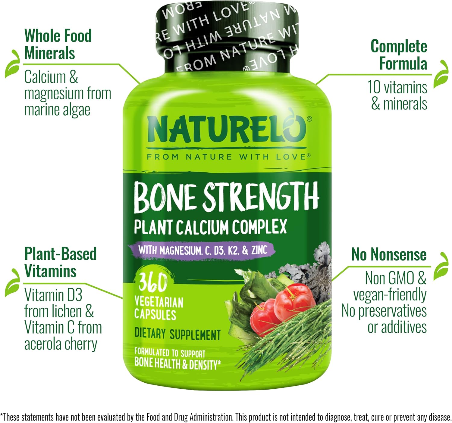 NATURELO Calcium Supplement with Vitamin C, D3, K2, 120 Vegetarian Capsules | Magnesium & Zinc for Bone Strength,Plant-Based Calcium 600mg , Non-GMO, Soy & Gluten-Free