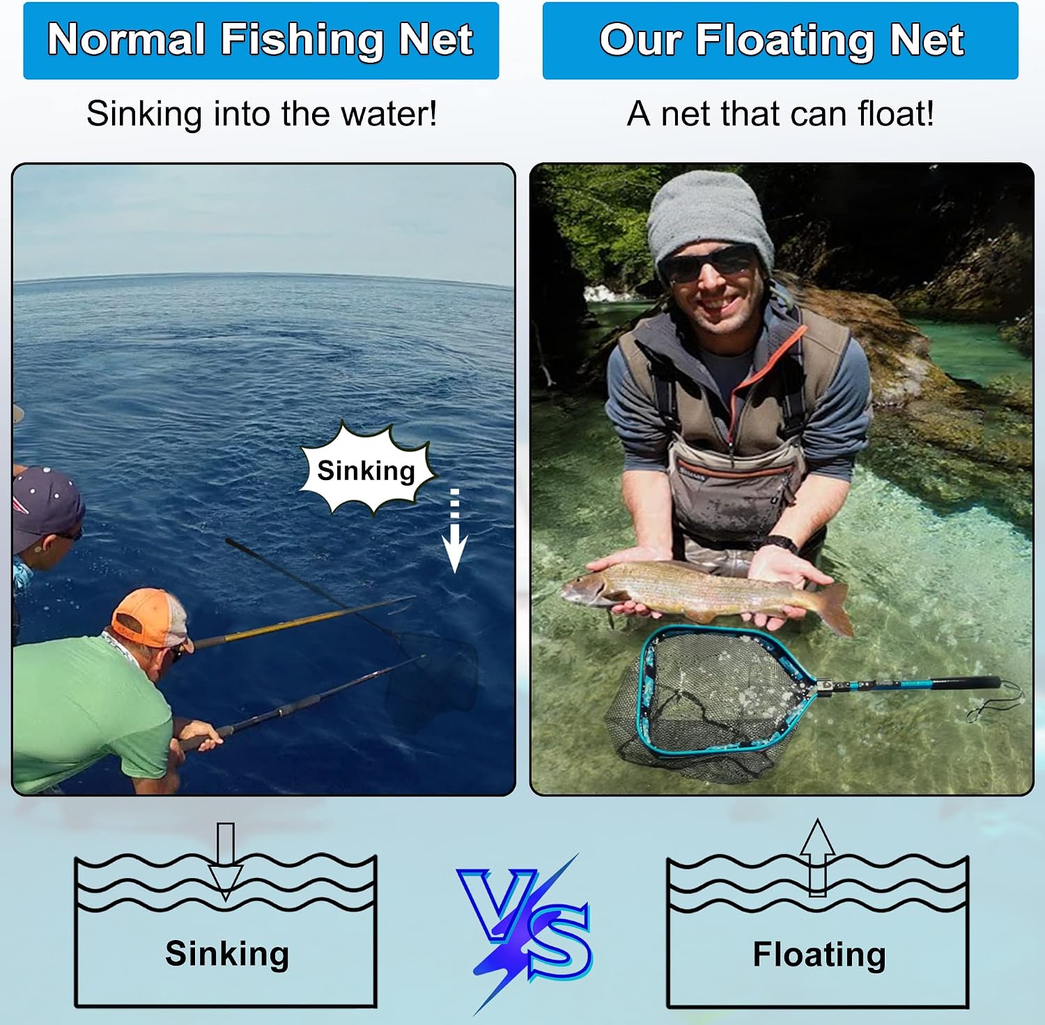 PLUSINNO Floating Fishing Net for Steelhead, Salmon, Fly, Kayak, Catfish, Bass, Trout Fishing