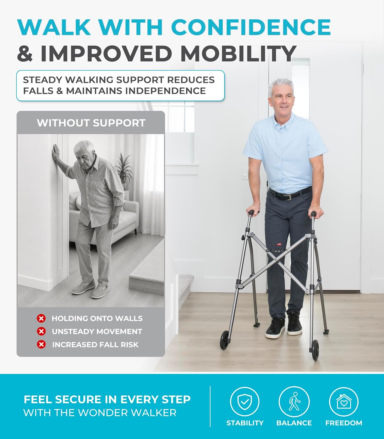 Stander Wonder Walker with 5-inch Wheels, Lightweight Folding Walker for Adults, Seniors, and Elderly, Collapsible Travel Walker