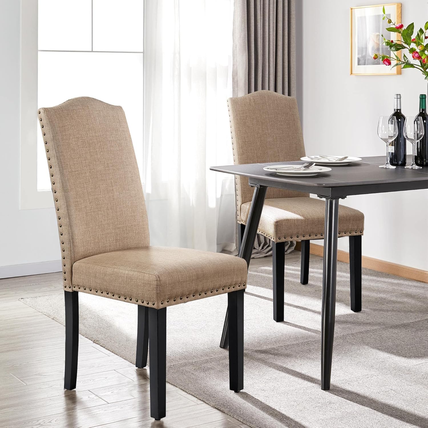 Yaheetech Dining Chairs Set of 2 High Back Parson Chairs Khaki