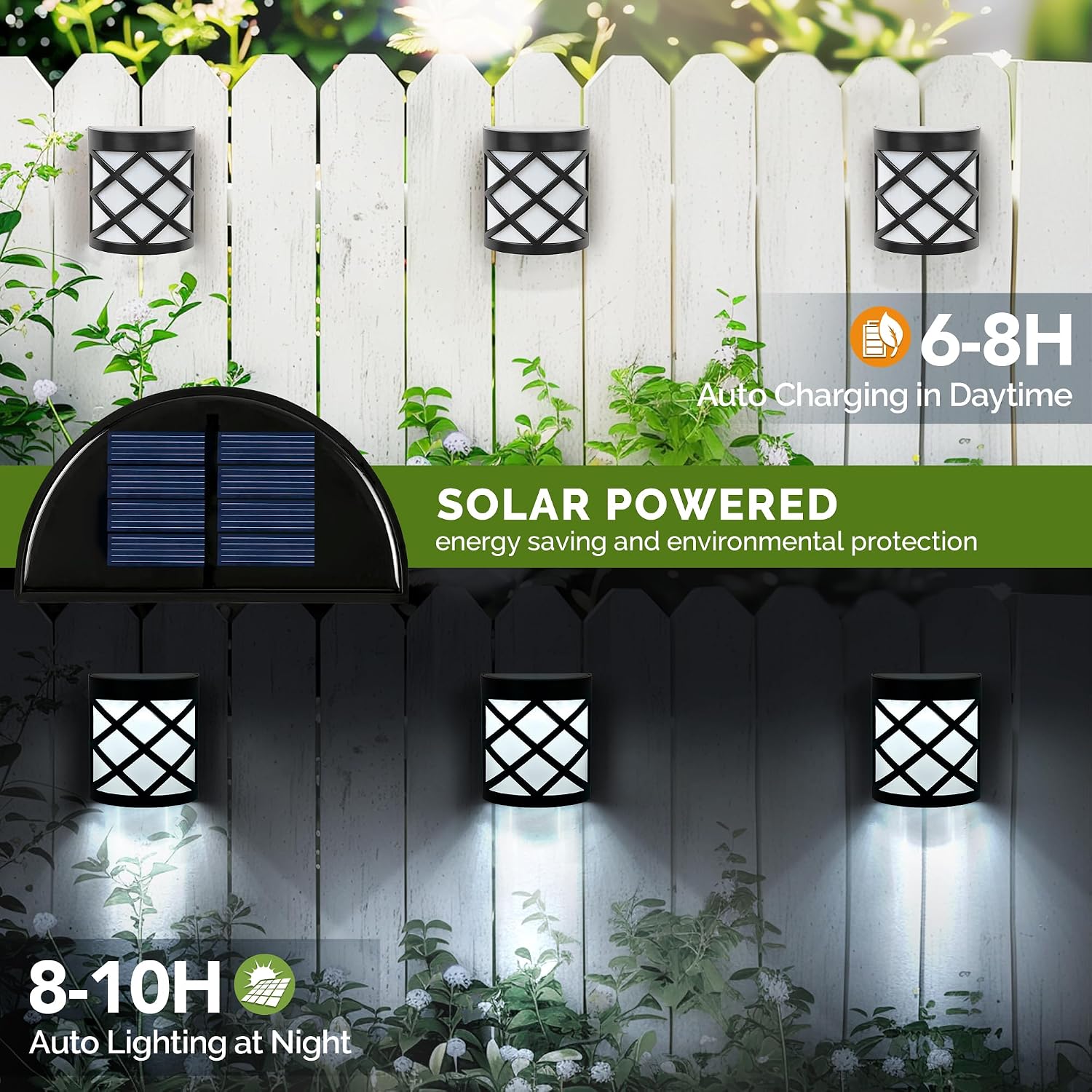GIGALUMI 8 Pack Solar Fence Light Cold White Porch Solar Powered Decor Outdoor Waterproof Wall Fence Lights for Garden, Yard, Patio, Front Door