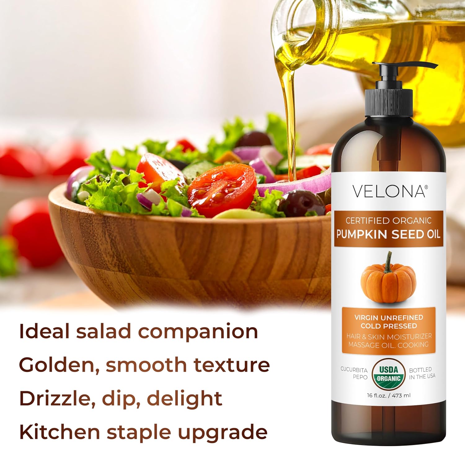 velona Pumpkin Seed Oil USDA Certified Organic - 32 fl oz | 100% Pure and Natural Carrier Oil | Unrefined, Cold Pressed | Cooking, Face, Hair