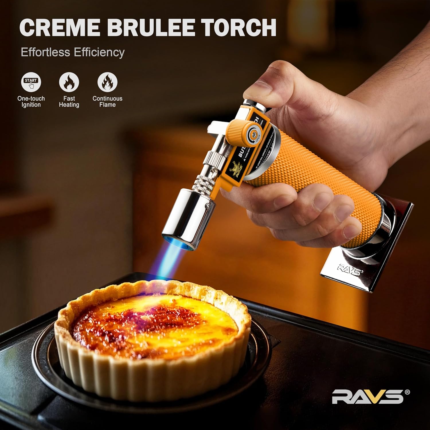 RAVS Butane Torch Lighter, Premium Metal Kitchen Torch with Adjustable Flame & Safety Buckle, Refillable Creme Brulee Torch for Baking, BBQ, DIY