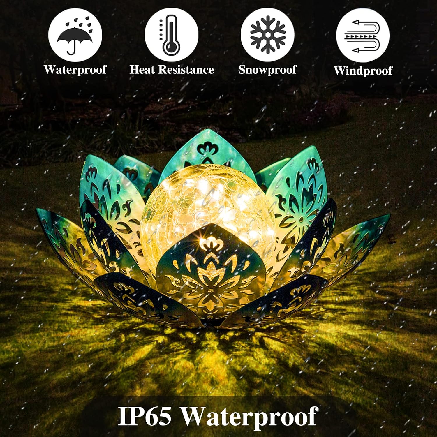Huaxu Solar Lights Outdoor Garden, Crackle Globe Glass Lotus Decor, Waterproof LED Metal Flower Decorations for Patio,Lawn,Walkway,Tabletop,Ground