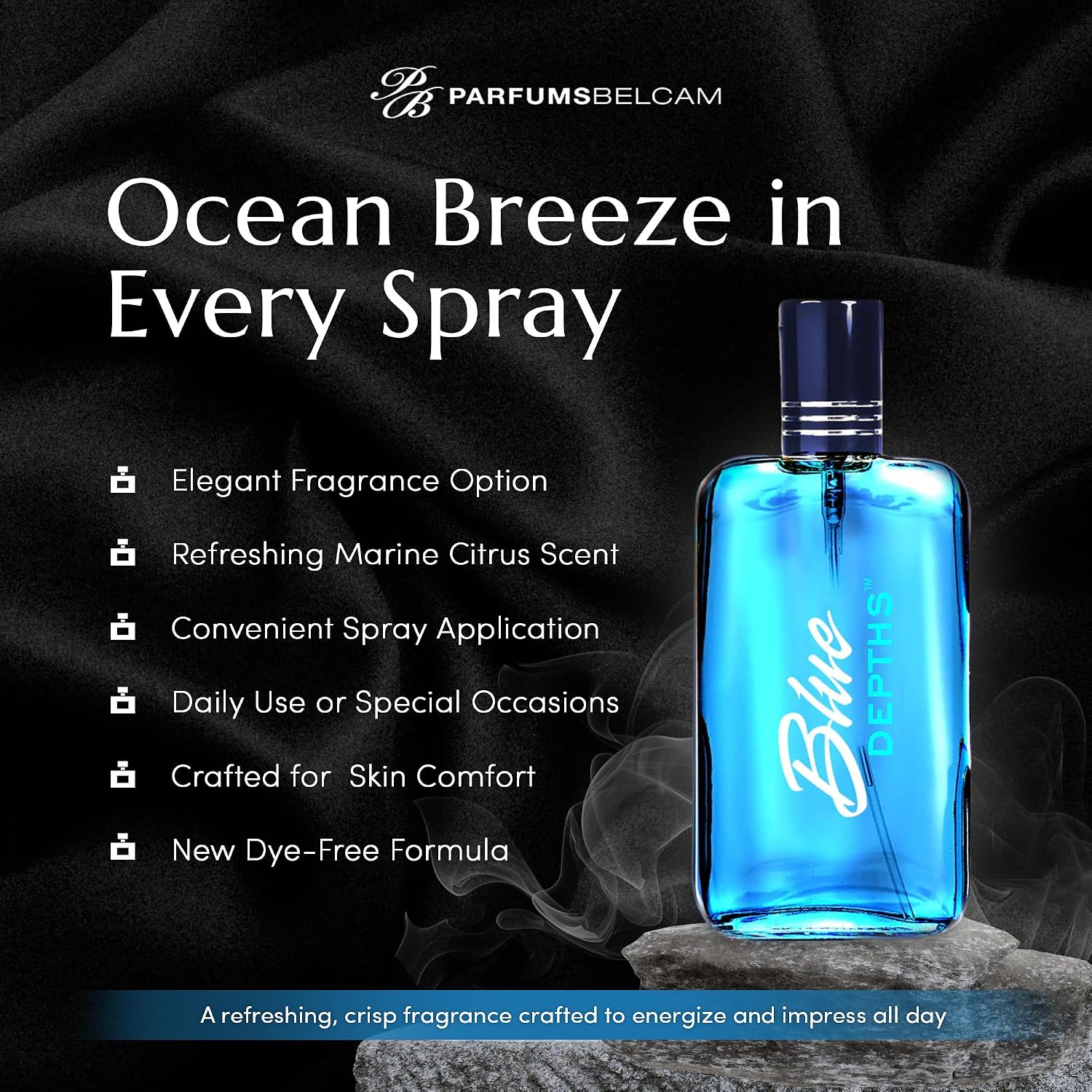 PB ParfumsBelcam Blue Depths Eau de Toilette Fragrance Spray - 3.4 Fl Oz. Fresh Aquatic Cologne for Men with Crisp Citrus, Warm Musk & Amber Scent