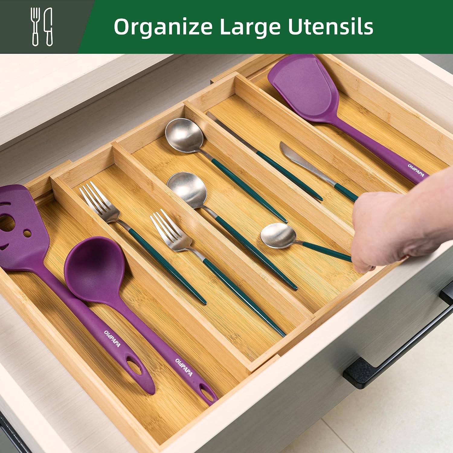 Utoplike Bamboo Expandable Kitchen Drawer Organizer Silverware Utensil Tray