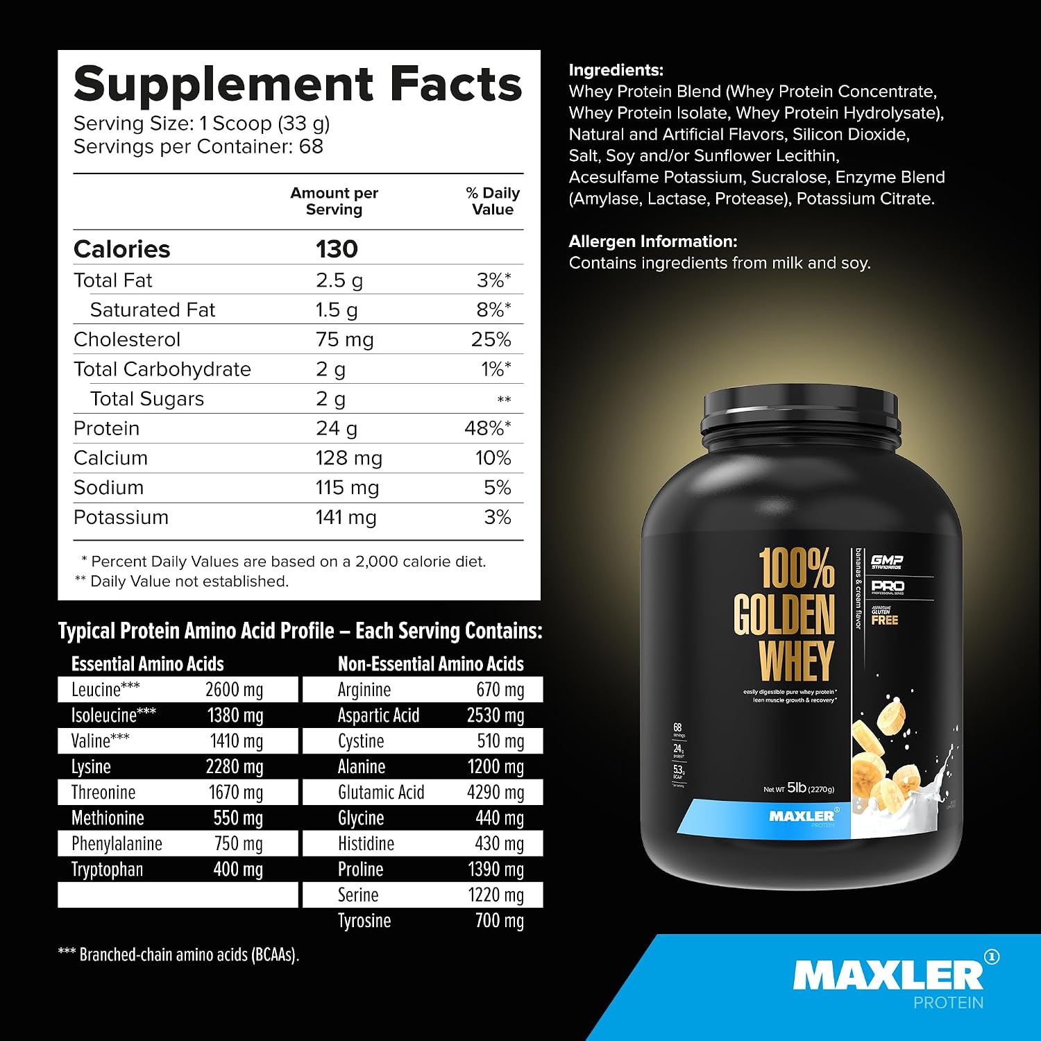 100% Golden Whey Protein - 24g of Protein per Serving - Whey Protein Powder for Pre Post Workout - Fast-Absorbing Whey Concentrate, Isolate & Hydrolysate Blend - Vanilla Ice Cream 2 lb