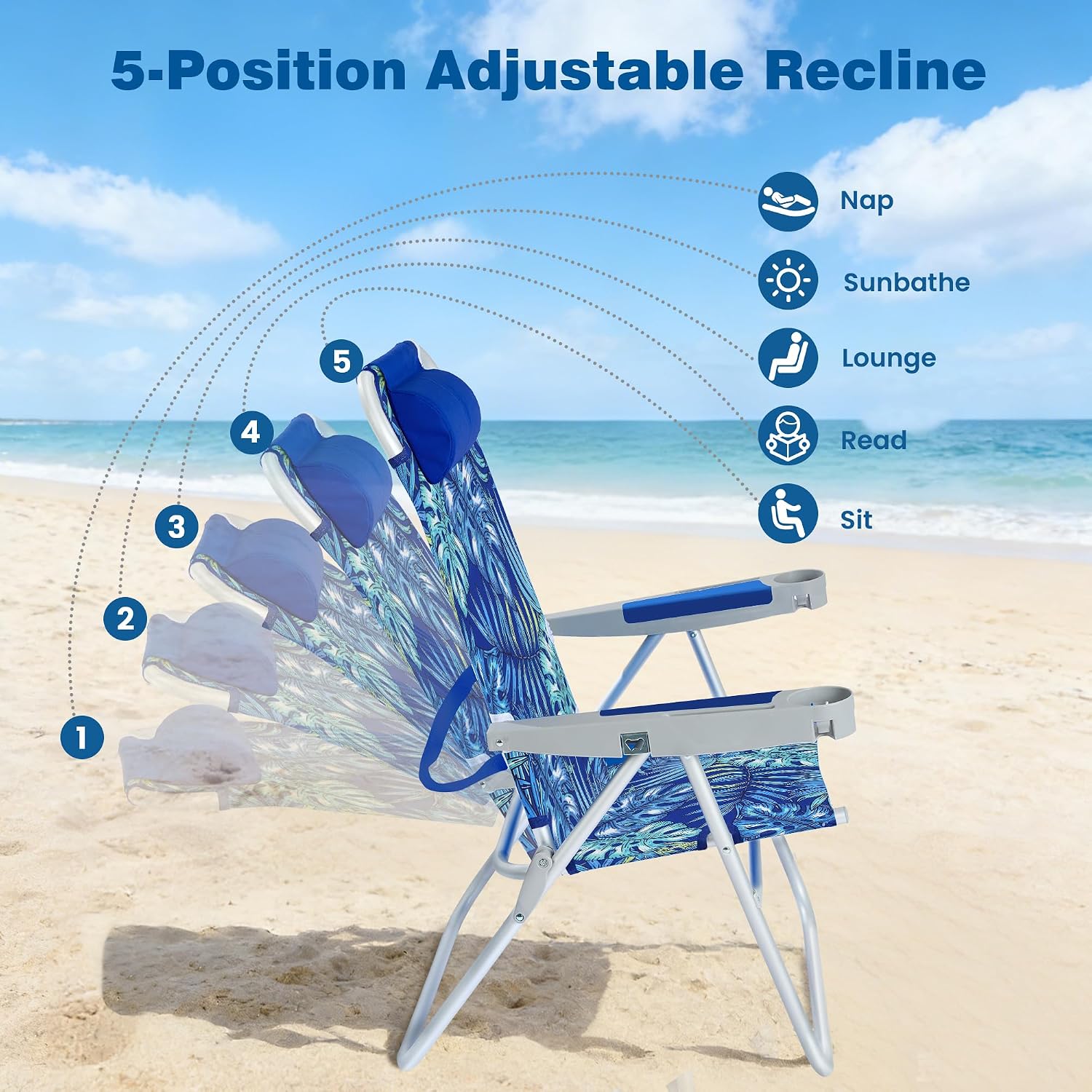 SUNNYFEEL Oversized Tall Folding Beach Chair Lightweight, 17" Portable Sand Chair for Adults Heavy Duty 500 LBS with Cup Holders