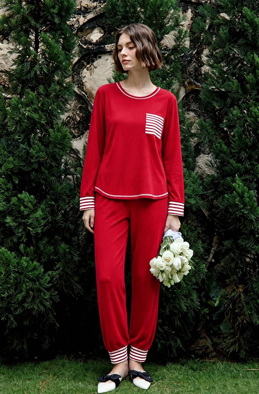 SWOMOG Women’s Pajamas Set Long Sleeve Sleepwear with Long Pants Soft Modal Loungewear Pj Set