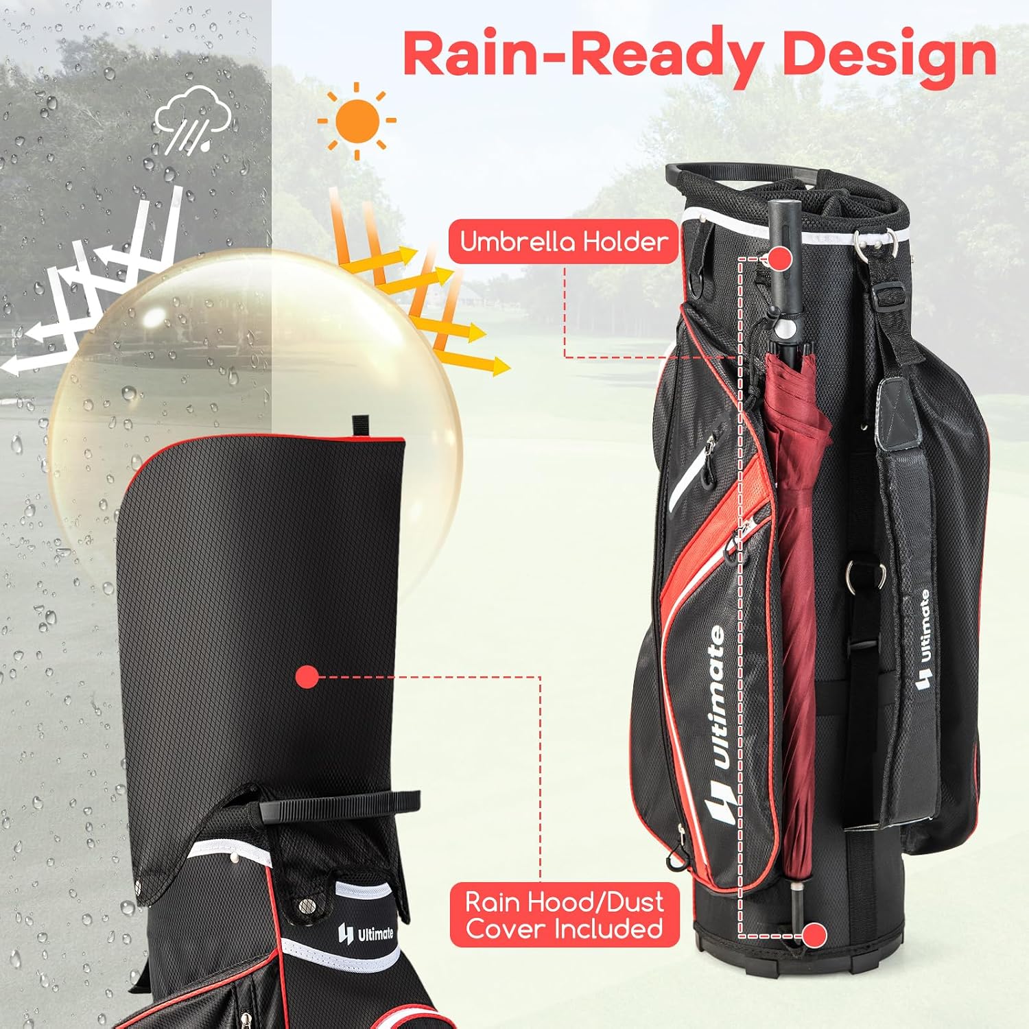 ULTIMATE Golf Cart Bag with 14-Way Top Dividers, Golf Club Bag w/ 9 Pockets incl. Cooler Bag, Rain Hood/Dust Cover, Detachable Shoulder Strap & Carry Handles, Lightweight for Men & Women