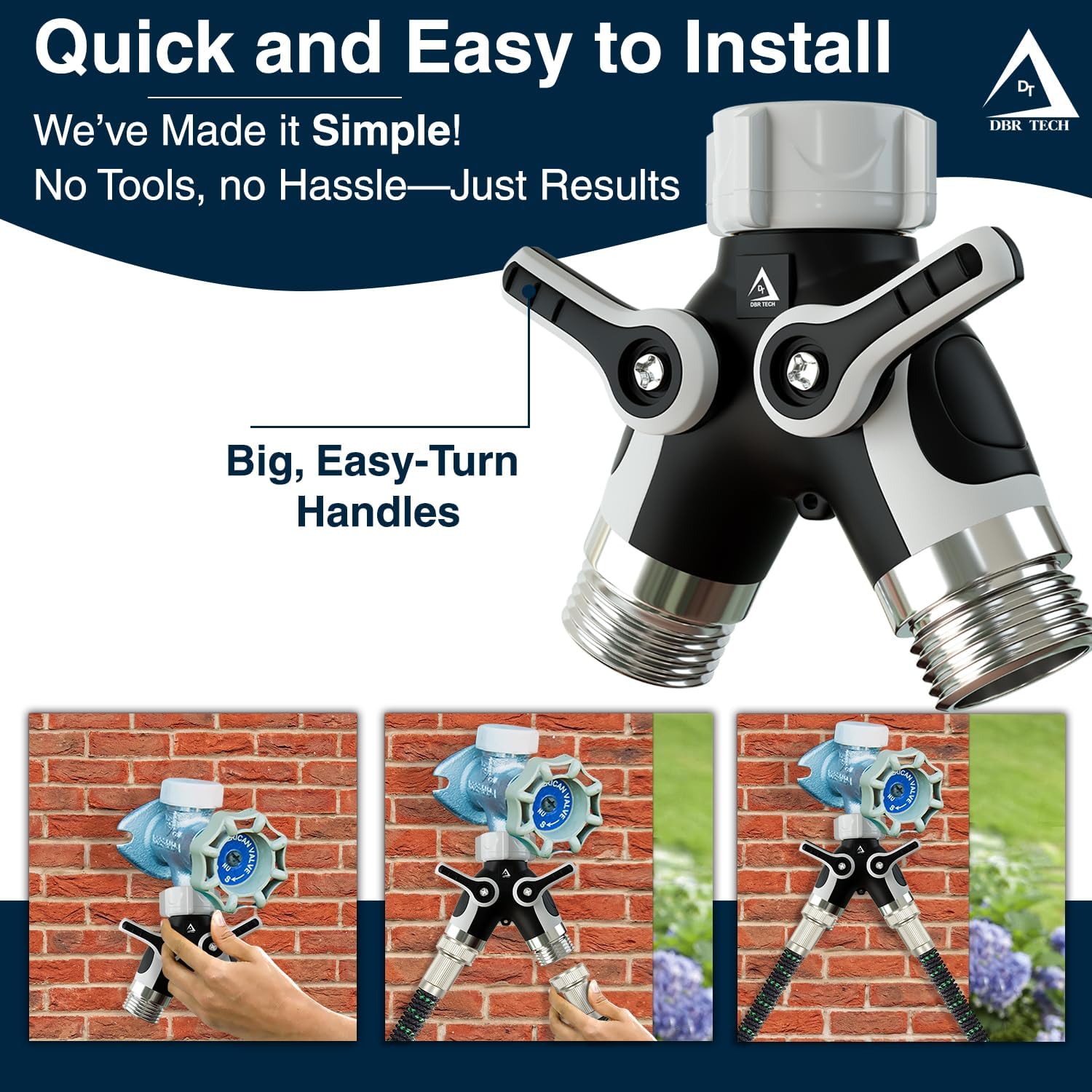 DBR Tech® Hose Splitter 2 Way, Heavy Duty Metal Connector, Two Way Garden Hose Splitter, High Flow Spigot Faucet Bib Adapter