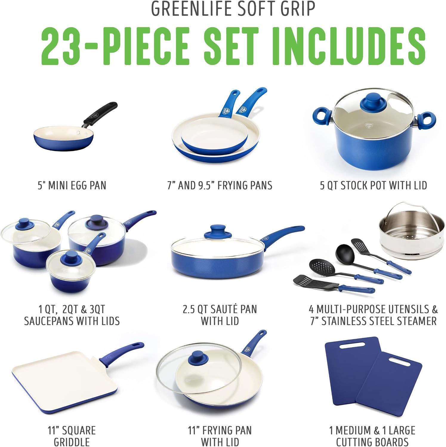 GreenLife Soft Grip Healthy Ceramic Nonstick, 15 Piece Cookware Pots and Pans Set, Induction, PFAS-Free, Dishwasher Safe, Turquoise