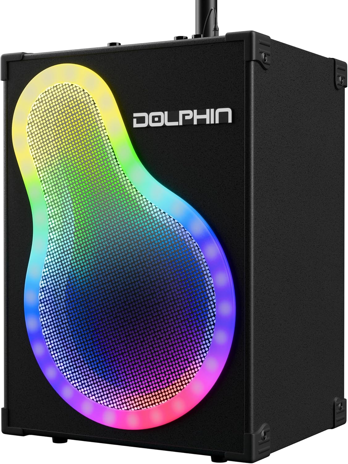 Dolphin Portable Bluetooth Party Speaker with Wired Microphone & Stand | WaveSync Pairing, LED Lights, USB, TF, FM Radio & AUX Inputs, Phone Holder