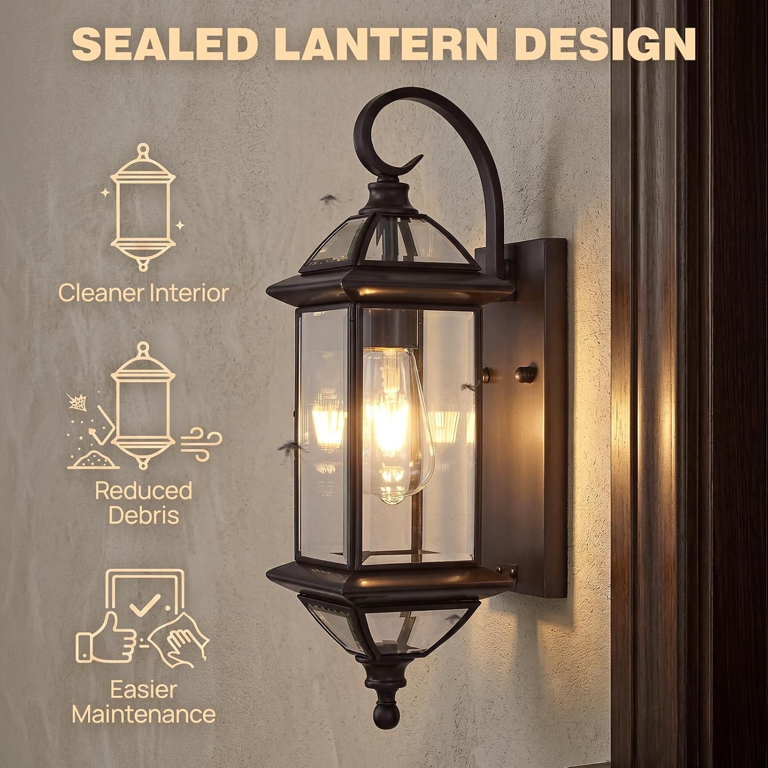Solid Copper Outdoor Wall Light, 18.5" Oil Rubbed Bronze Porch Lantern with Clear Beveled Glass, Exterior Wall Sconce for Front Door, Garage