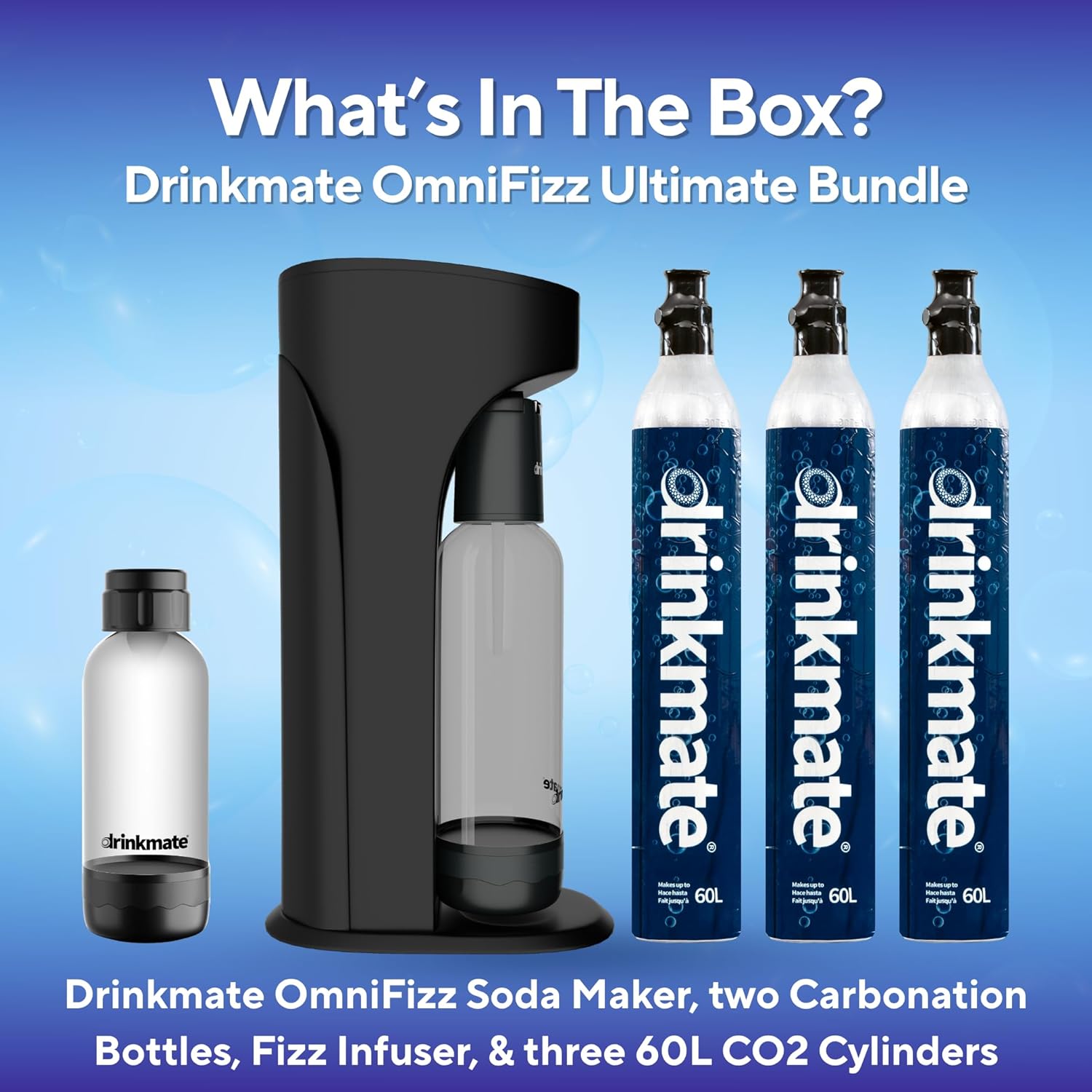 Drinkmate OmniFizz Sparkling Water Maker & Soda Streaming Machine | Carbonates Any Drink | ULTIMATE BUNDLE | Includes Three 60L CO2 Cartridges + Two