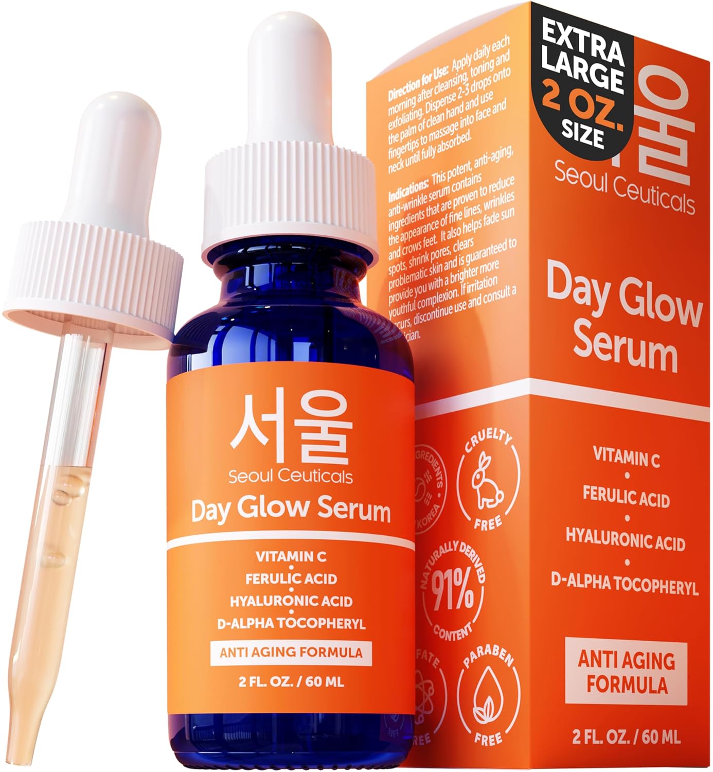 SeoulCeuticals Korean Skin Care 20% Vitamin C Serum for Face + CE Ferulic | 1oz C E Ferulic Vit C Facial Oil with Hyaluronic Acid, Vitamina E, Vegan, Cruelty Free, Anti Aging K Beauty Glow C+E Skincare