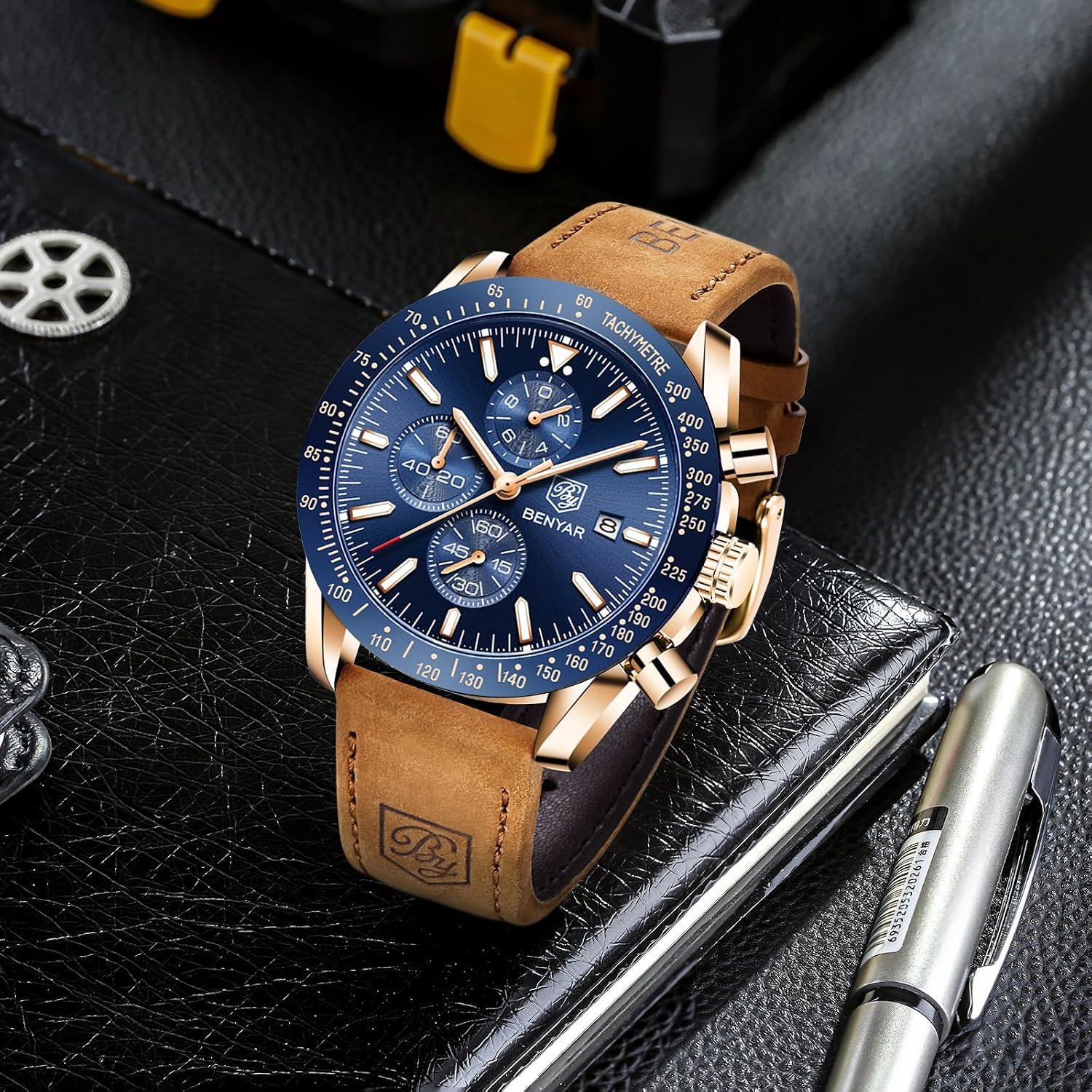 BENYAR Watch for Men Analog Quartz Chronograph Waterproof Luminous Designer Mens Wrist Watches Business Work Sport Casual Dress Watch with Silicone Strap Elegant Gifts for Men