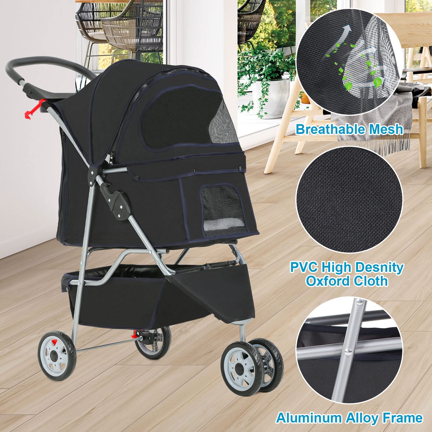BestPet | 4-Wheel Foldable Pet Stroller | Black | Lightweight & Portable | Travel Carrier with Mesh Windows, Storage Basket, Cup Holder, Safety Brakes, and Waterproof Fabric | For Small Dogs and Cats