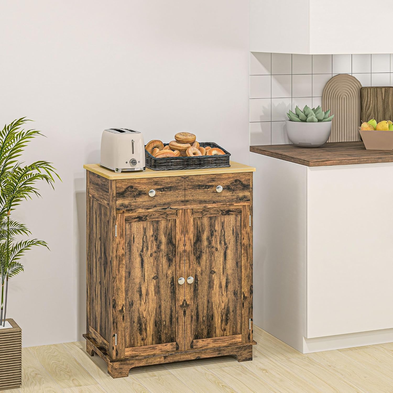 HOMCOM Sideboard Buffet Cabinet Solid Wood Countertop White