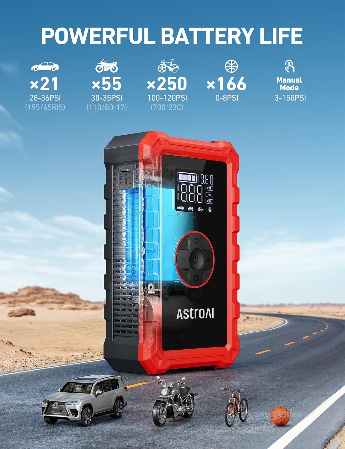 AstroAI S8 Air Jump Starter with Air Compressor, 3000A Peak Car Battery Jump Starter Portable (9.0 Gas/6.5L Diesel) with 150PSI Cordless Auto-Shutoff Tire Inflator, 12V Battery Charger Booster(Orange)