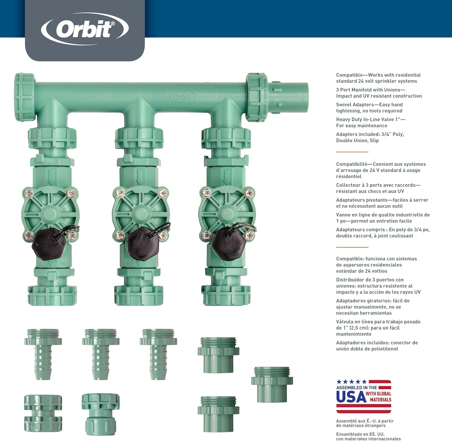 Orbit 91207 3-Valve Preassembled Sprinkler Manifold for Poly Pipe