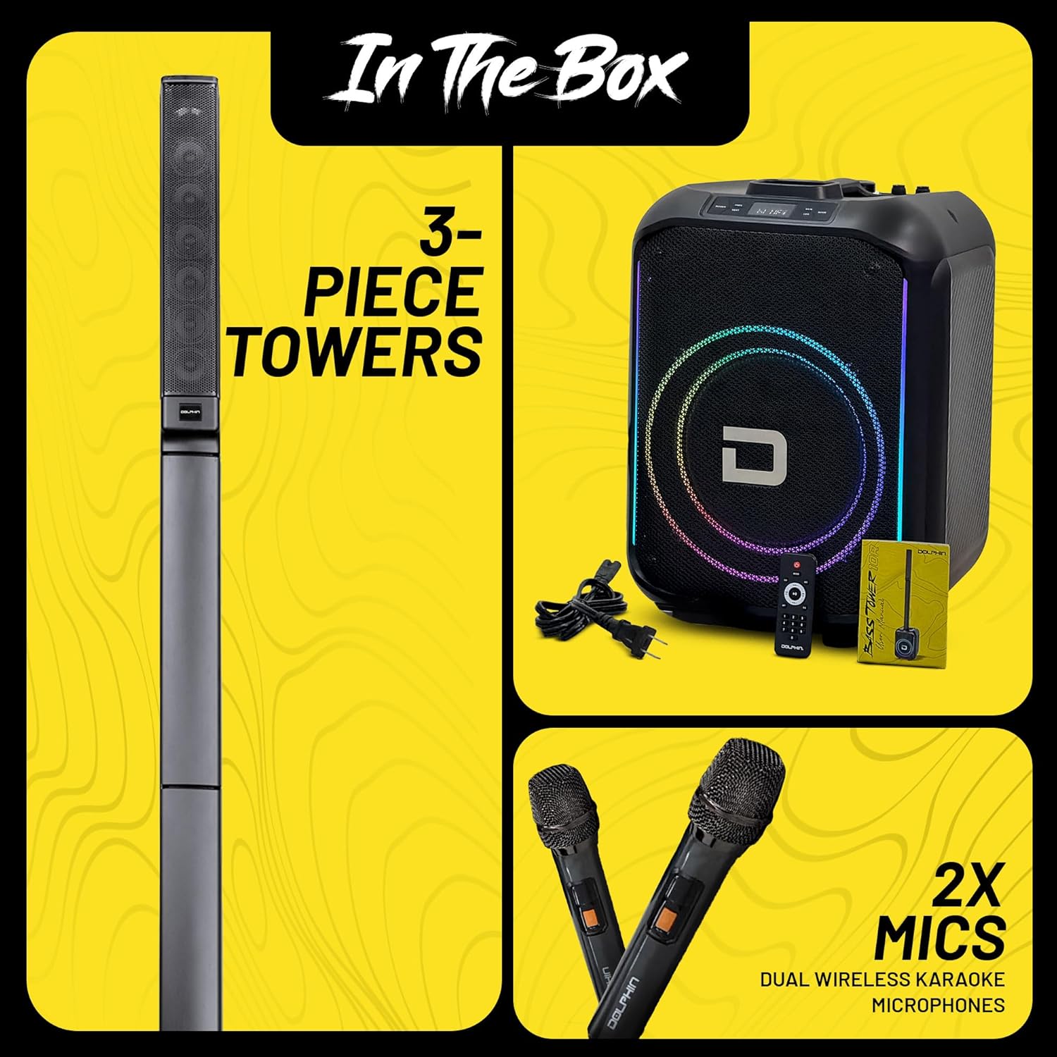Dolphin Karaoke Bluetooth Party Speaker with 2 Wireless Mics, 10" Woofer | 200W RMS, Adjustable 3-Piece Tower Design, WaveSync TWS Pairing, USB/AUX