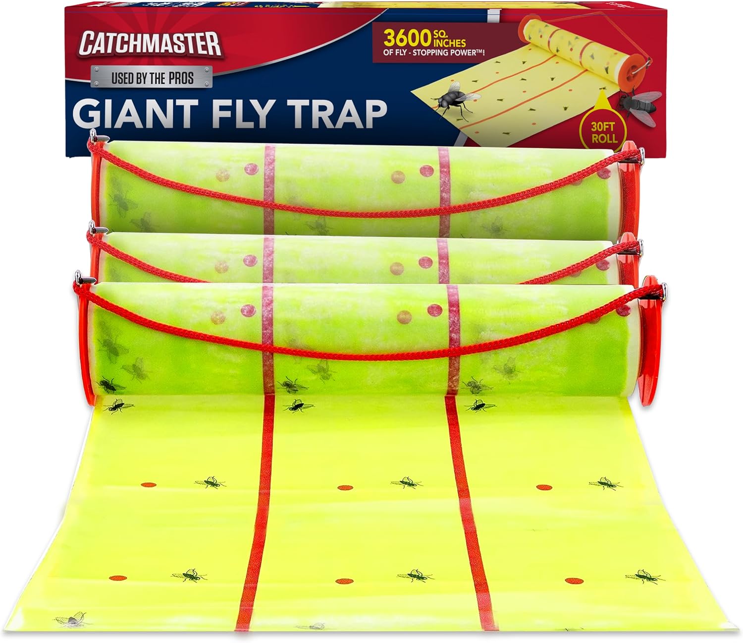 Catchmaster Giant Fly Glue Trap 3-Pack 30 Feet Each, Adhesive Fly Traps Outdoor, Sticky Bug Catcher, Bulk Flying Insect Paper Roll