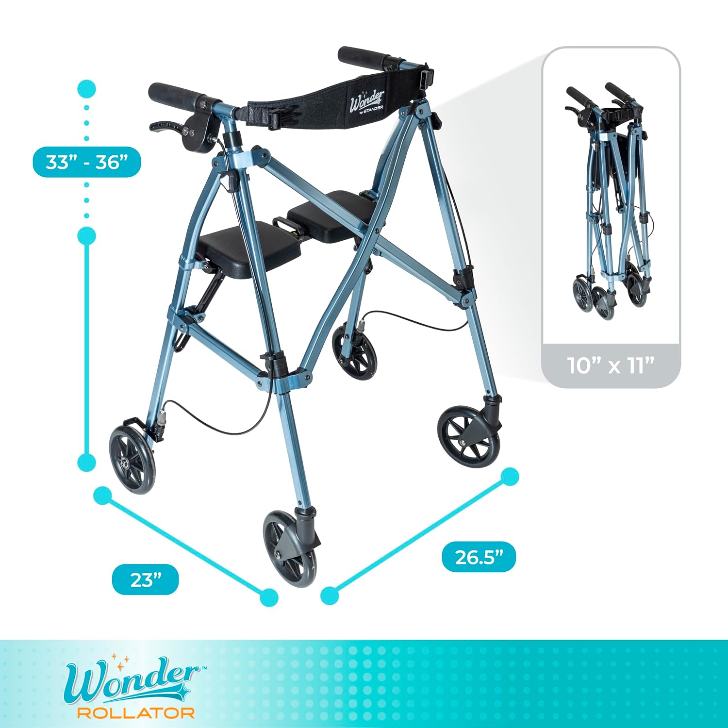 Stander Space Saver Rollator, Lightweight Folding Rolling Walker with Seat for Seniors & Adults, 4-Wheel Mobility Aid with 6-inch Wheels
