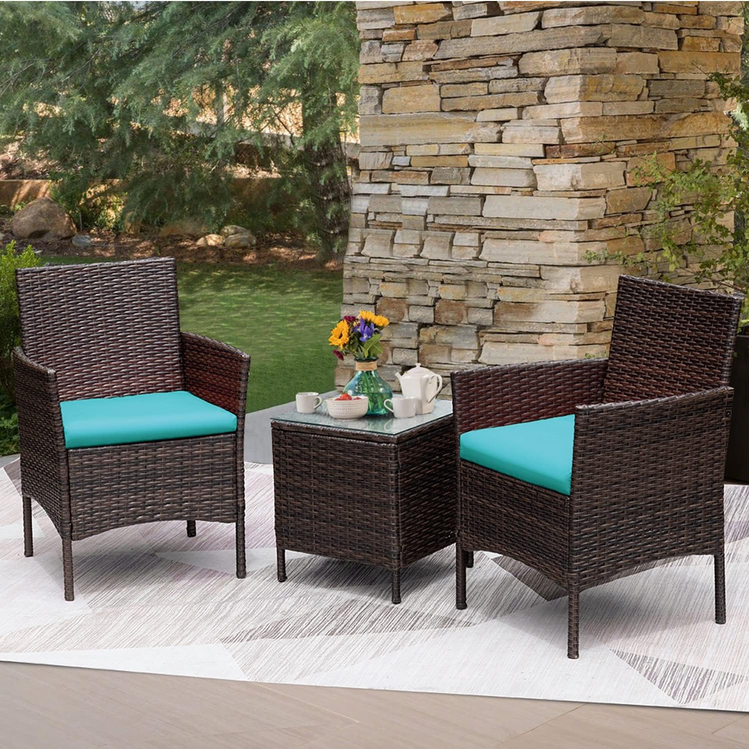 Greesum 3 Pieces Patio Furniture Sets Outdoor PE Wicker Chairs,Beige