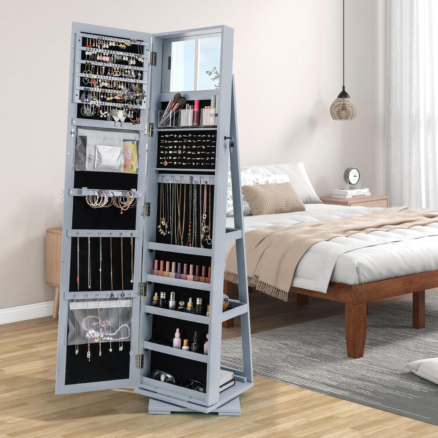 CHARMAID 360° Swivel Jewelry Armoire with Higher Full Length Mirror, Standing Lockable Jewelry Cabinet Organizer with Large Storage Capacity