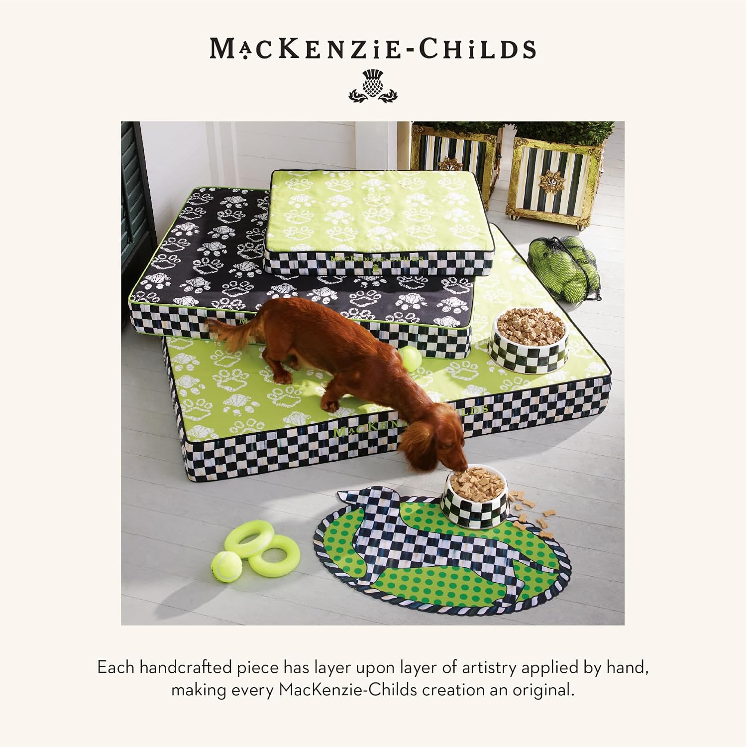 MACKENZIE-CHILDS Enamel Pet Dish, Large, Black-and-White Courtly Check | Decorative cat and dog bowl for food and water, 40-ounce capacity