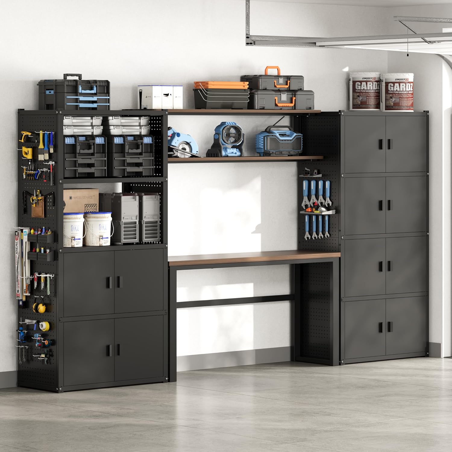 FLEXIMOUNTS 117"W Modular Garage Storage Cabinet with Workbench, Black | 6 Doors, 3700lbs capacity, Metal board shelf includes pegboard, 3-in-1 metal tool cabinet, 24-gauge steel, FLEXIMOD Series