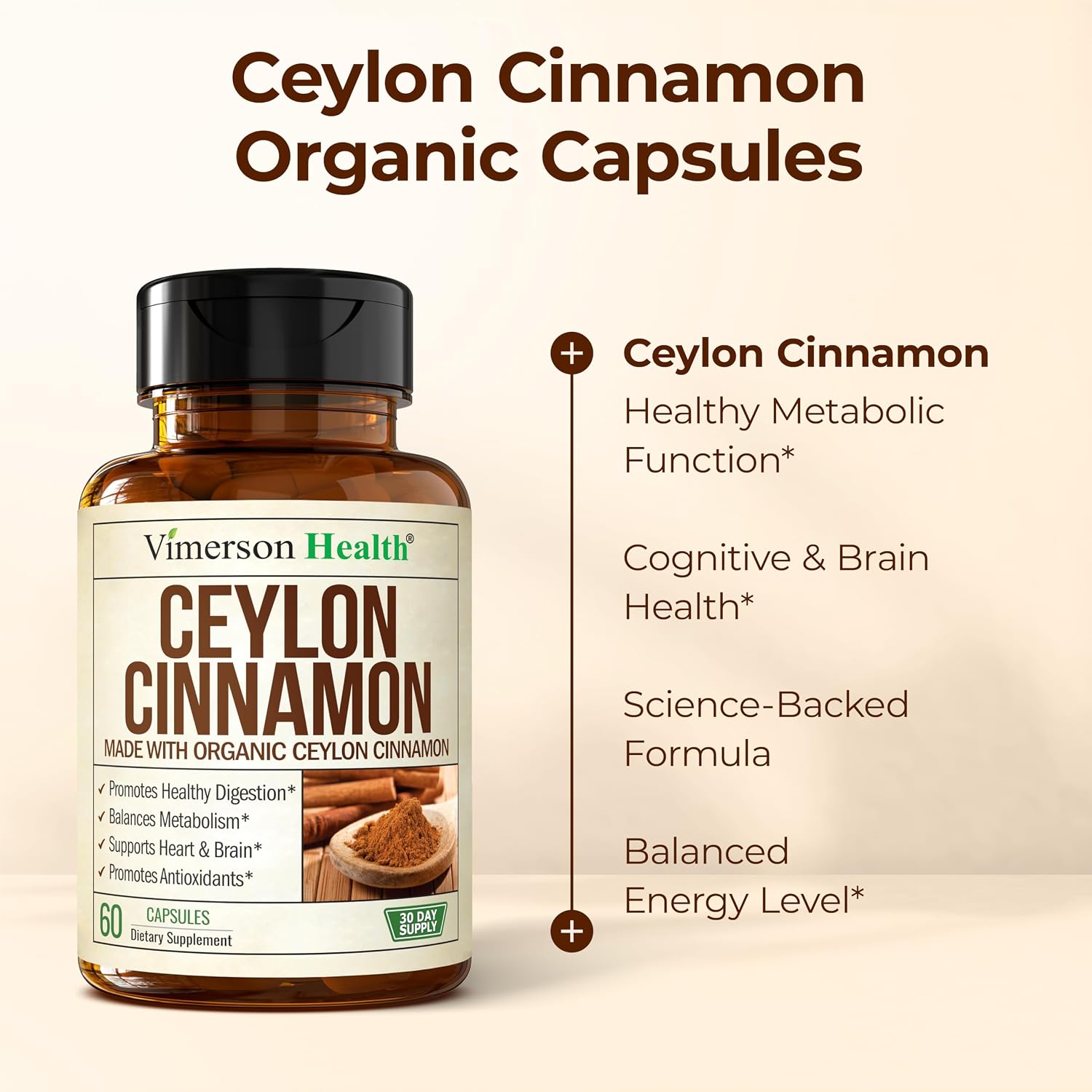 Organic Ceylon Cinnamon Capsules - Ceylon True Cinnamon Supplements (Canela de Ceylan) for Inflammation Balance, Cognitive Function, Metabolic