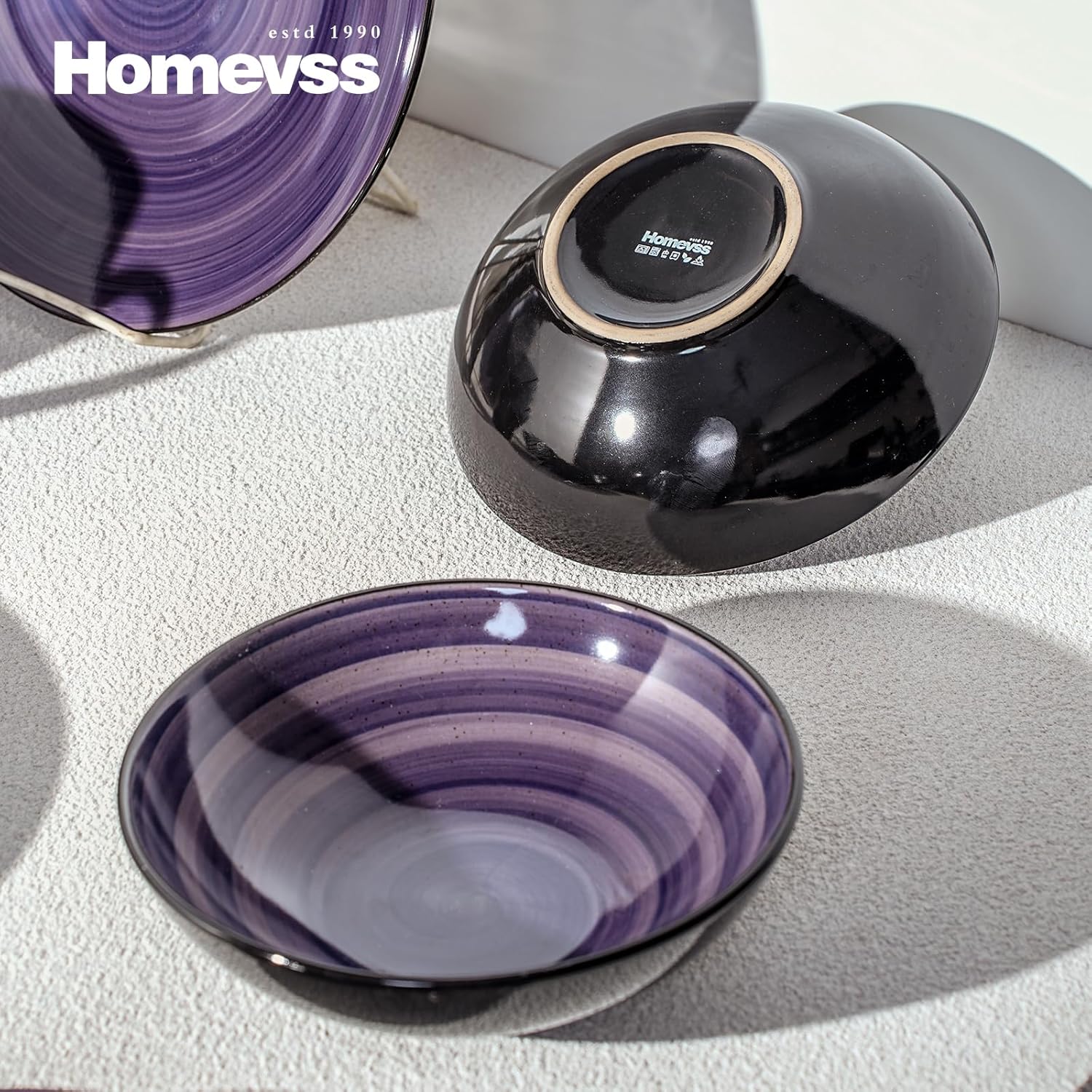 HomeVss, Sonoma Stoneware Dinnerware Set, Outside Black + Inside Hand Painting Color (16pc Set, Grey)
