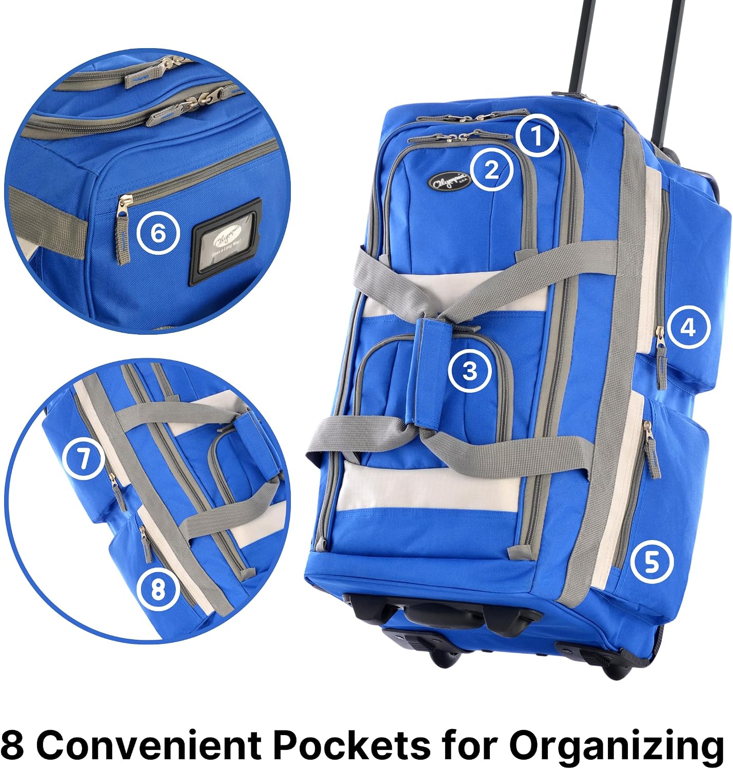 Olympia U.S.A. 33 inch Jumbo Size 8 Pockets Wheeled Rolling Duffel Bag Water Resistant Luggage Lightweight Travel Suitcase with Retractable Handle