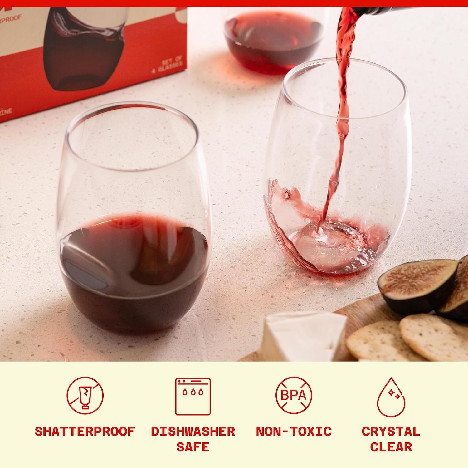GOVINO Unbreakable Plastic Wine Glasses - Stemless Shatterproof Tritan Glassware, Fancy Cups That Look Like Glass, 16oz, Set of 4
