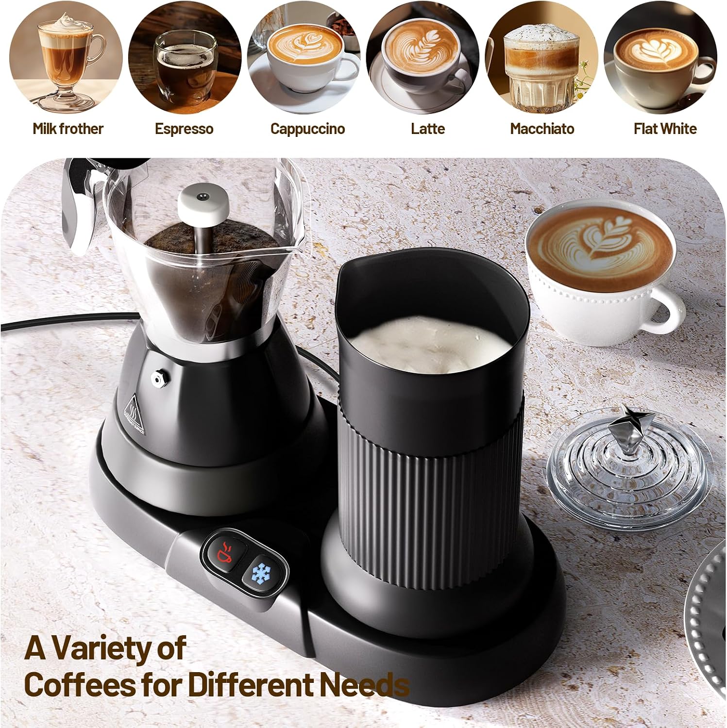 Electric Espresso Machine with Milk Frother 2 in 1 Efficient Moka Pot Coffee Maker with Milkfroth Aluminum One-Touch Operation for Effortless Cappuccinos Lattes Macchiatos White