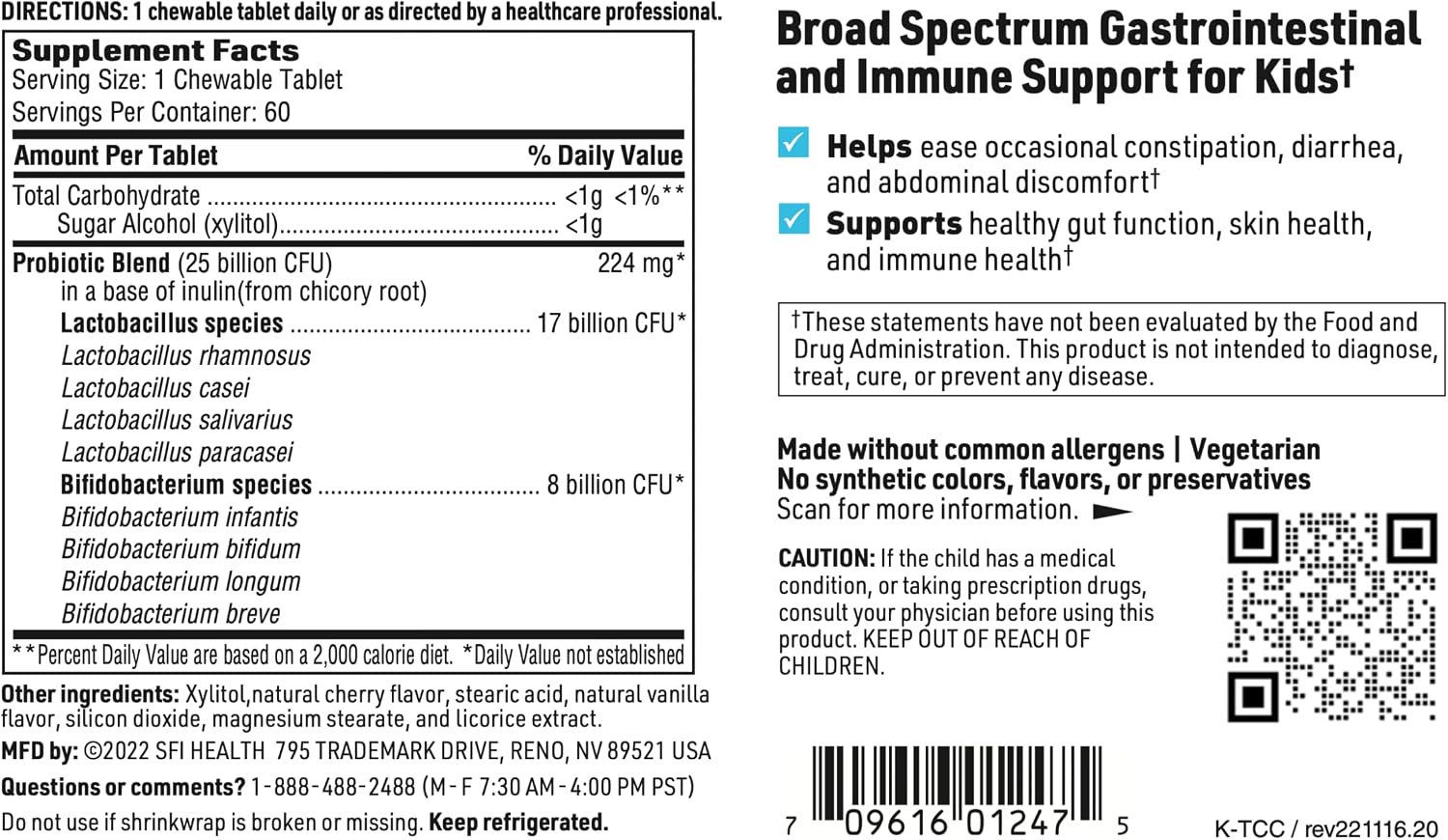 Klaire Labs SFI Health Ther-Biotic Kids Probiotic Chewables - Hypoallergenic Probiotics for Kids - 25 Billion CFU in Prebiotic Inulin - Cherry-Flavored (60 Chewable Tablets)