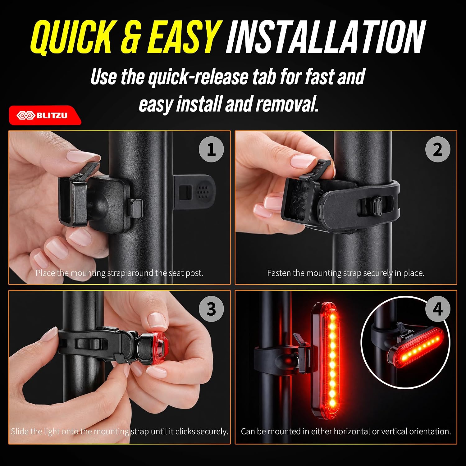 BLITZU Bike Tail Light, 2 Pack USB-C Rechargeable LED Bicycle Rear Lights | 120T, Bright LED, High Visibility Beam, 4 Modes, Easy Installation