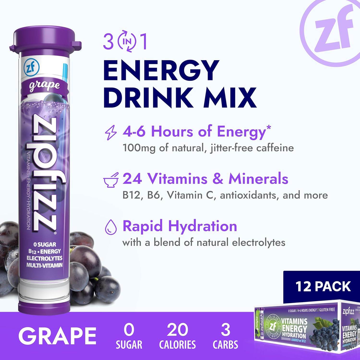 Zipfizz Energy Drink Powder, 20 Pack B12 Electrolyte - Pink Lemonade | Hydration tubes with vitamin drink benefits, 100mg caffeine, B12, electrolytes, & no artificial sugar for active lifestyle