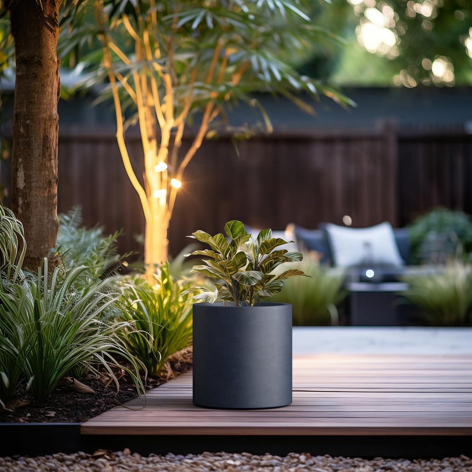 Kante Large Round Cylinder Charcoal Concrete Planter 15.8" Tall, Outdoor