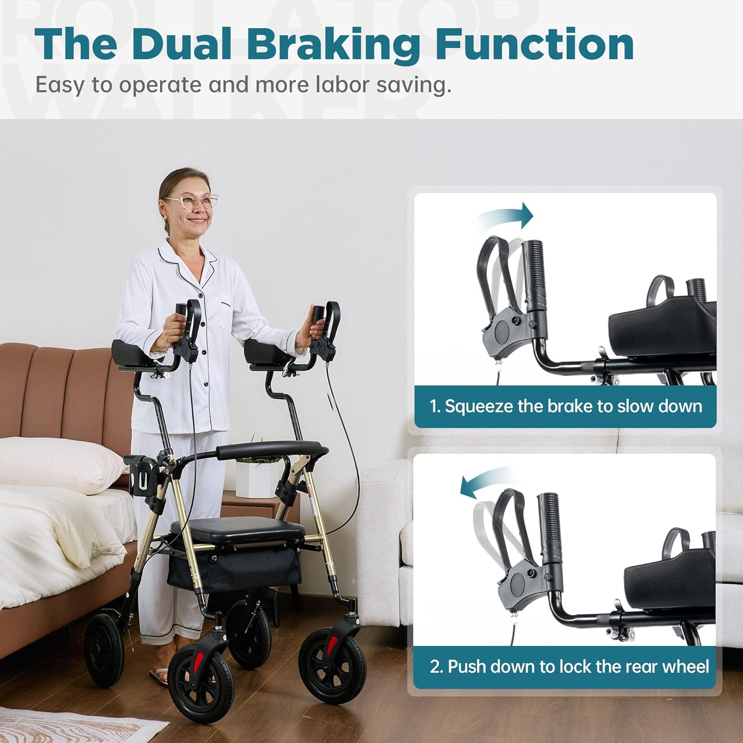 ELENKER 10 in PU Wheels Upright Rollator Walker for Seniors, Champagne | Stand Up Design, Padded Seat, Padded Armrests