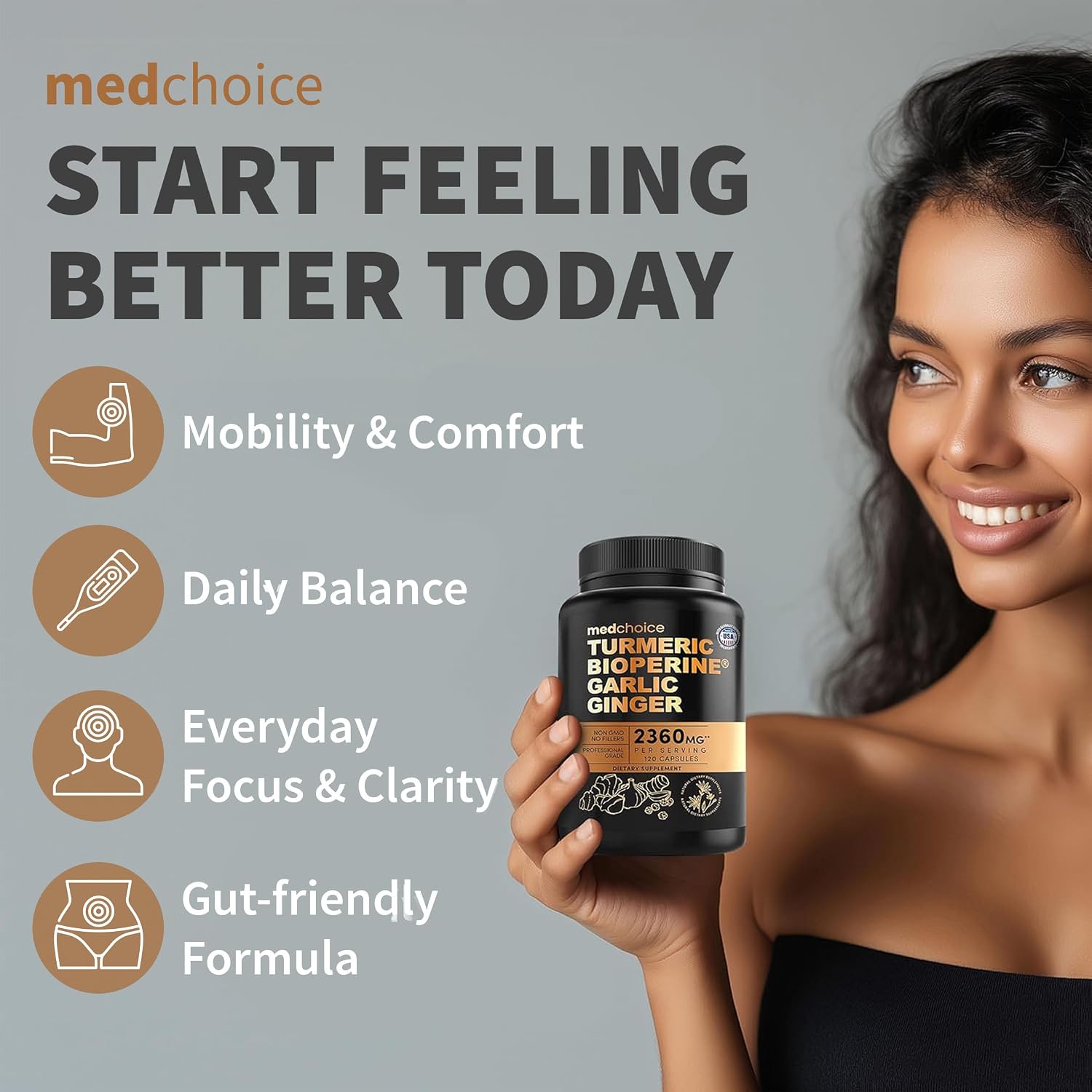 MEDCHOICE 4-in-1 Turmeric Joint Support with Garlic & BioPerine, 120ct
