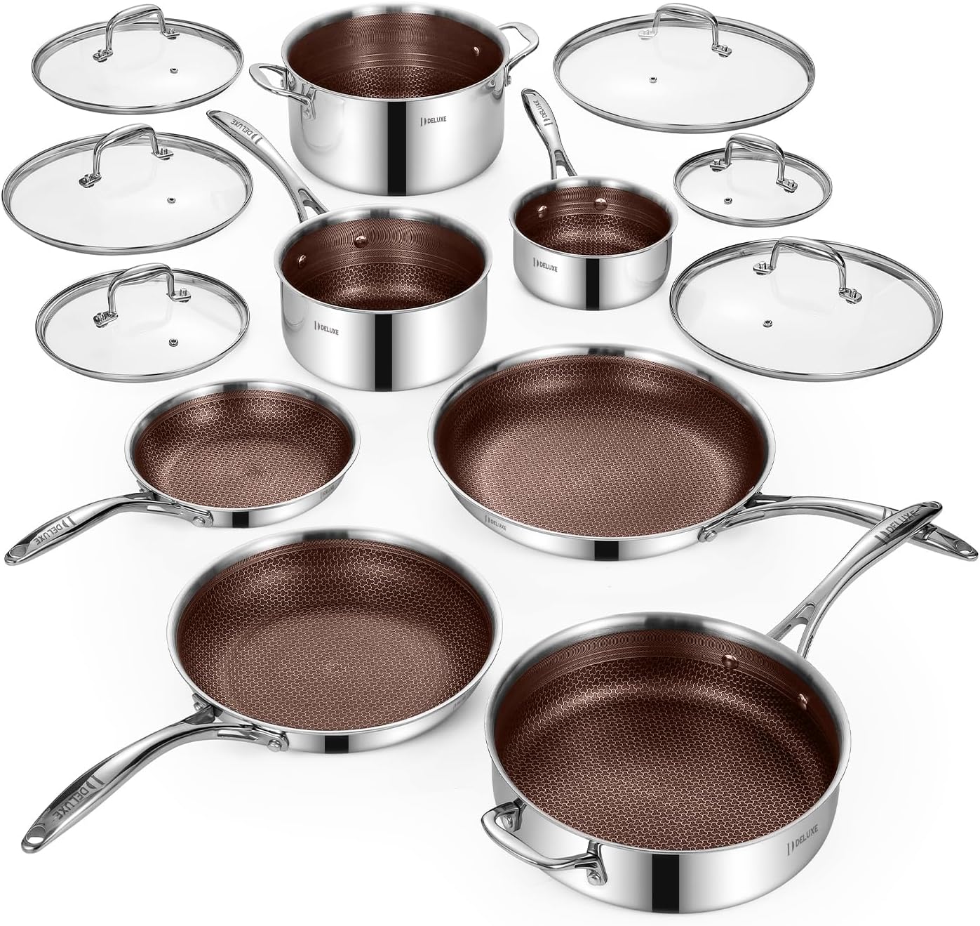 Deluxe 13 Piece Hybrid Ceramic Nonstick Stainless Steel Cookware Set | 5 PC Fry Pan Set, 6 PC Pot Set, 3.7QT Deep Sauté Pan&Lid, Induction Ready, Stay Cool, PFOA Free FOR All Cooktops