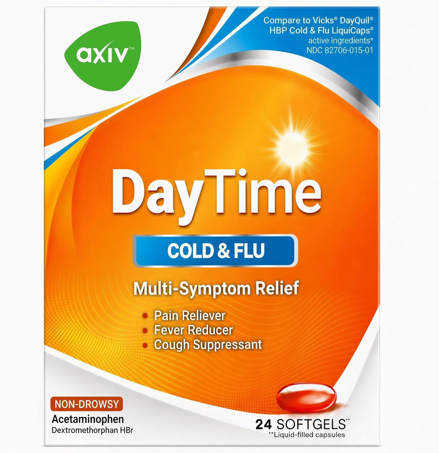 AXIV Daytime Multi-Symptom, Daytime Cold and Flu Relief Softgels, Non-Drowsy Cold Medicine, Relief of Pain, Sore Throat, Minor Aches and Pains, Fever, Cough, 24 Count