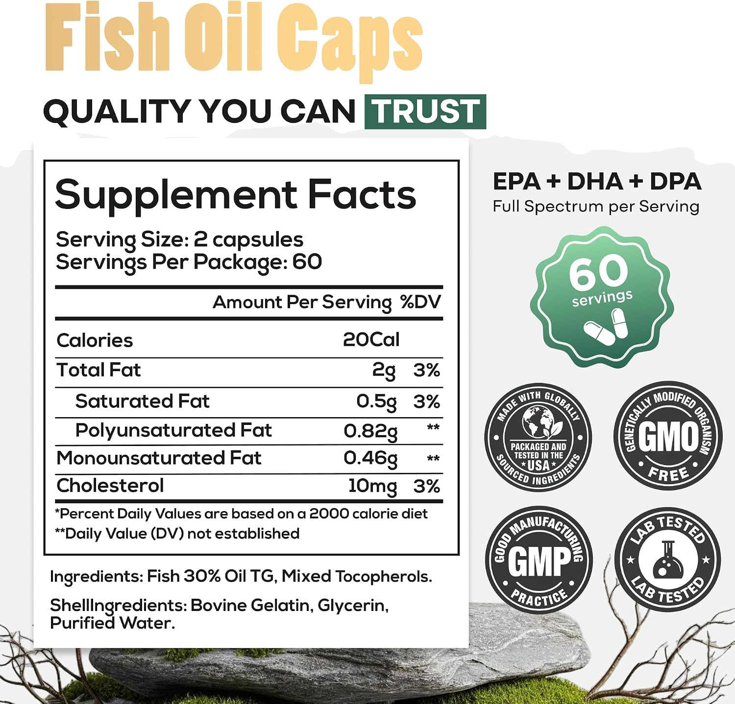 Wild Foods Fish Oil Omega 3 Supplements, 1600mg EPA DHA DPA, 60 Capsules | Burpless, Odorless, Non-GMO, Gluten Free, Supports Brain, Heart & Joint Health, 30 Servings, 1 Pack, Worldwide Sourced