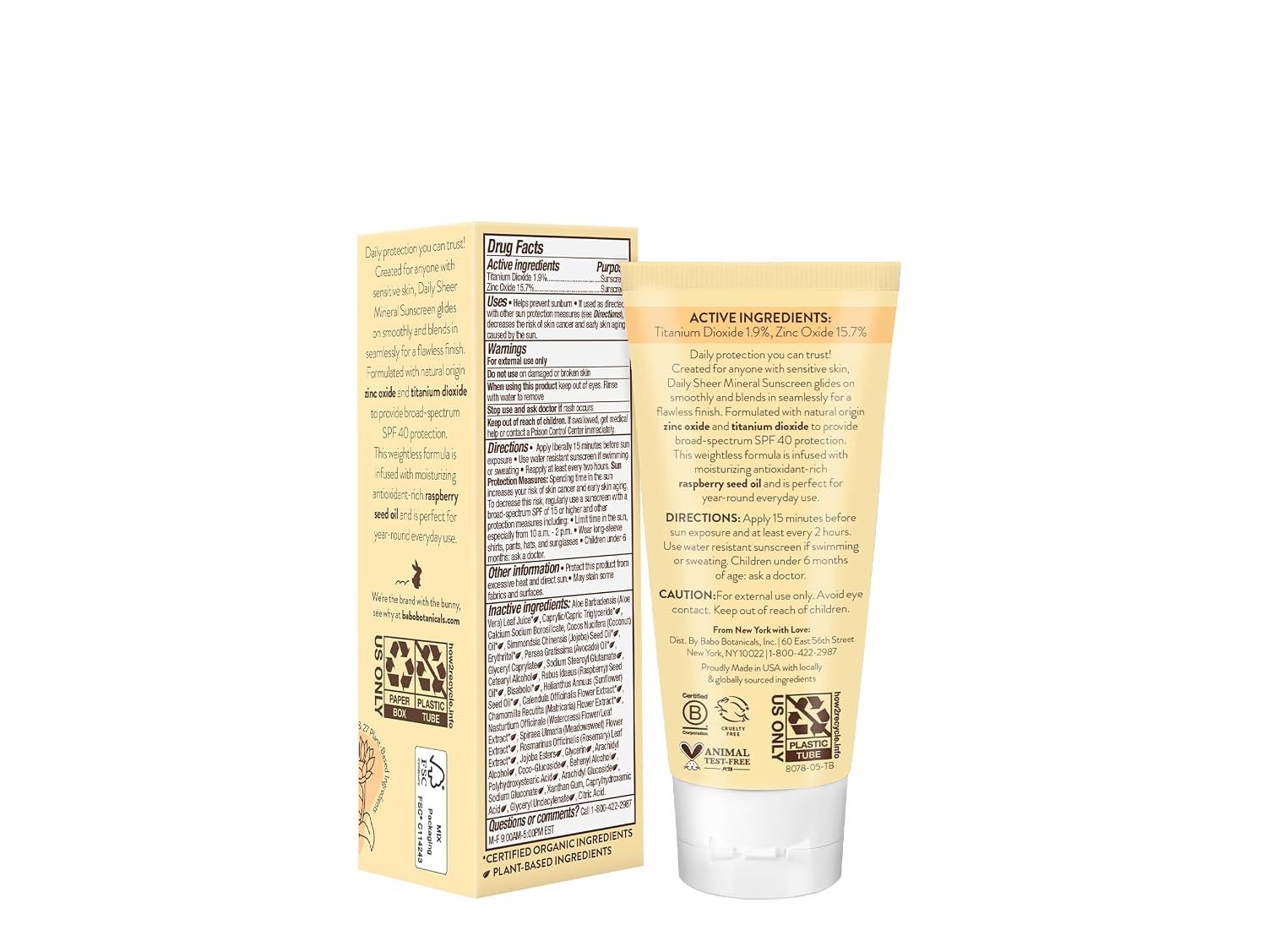Babo Botanicals Daily Sheer Mineral Face Sunscreen Lotion SPF40 - Natural Zinc Oxide & Titanium Dioxide - 70% Organic Ingredients - Raspberry Oil & Aloe Vera - Fragrance Free - For Face - For all ages