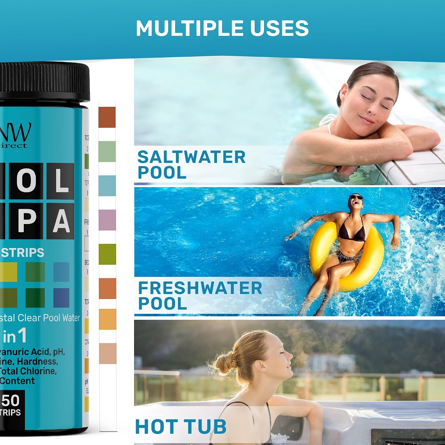 Pool Test Strips for Pools and Spas - 7 in 1 Water Test 100 Pack | Includes 100 pool test strips that measure chlorine, bromine, pH, alkalinity, hardness and cyanuric acid in 30 seconds.